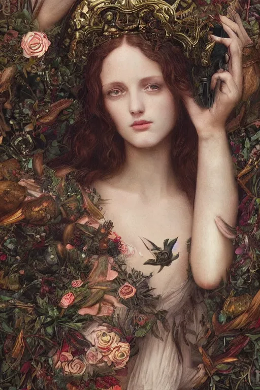 Image similar to An extremely beautiful pre-raphaelite portrait of a very beautiful and cute witch, surreal, ultradetailed, intricate, elegant, digital art painting, concept art, smooth, sharp focus, poster art, art cover illustration, regal, award winning picture, extremely detailed masterpiece, sense of awe, featured on artstation, Artgerm, effervescent punk kawaii-noir pastel bubbles, winning award piece, ethereal rainbows, Aetherpunk, low-key neon lightning, stormy weather, Exquisite details, 8K detail post-processing, matte, oil painting