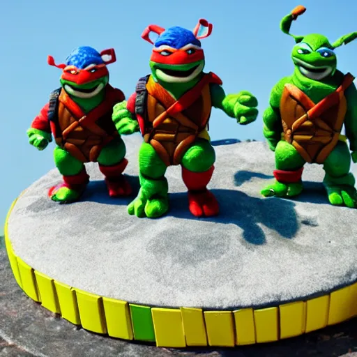 Prompt: teenage mutant ninja turtles on top of a mountain