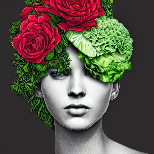 Prompt: the anatomy of a head of lettuce with roses that resembles a beautiful woman, an ultrafine detailed painting by james jean, intricate linework, bright colors, final fantasy, behance contest winner, vanitas, angular, altermodern, unreal engine