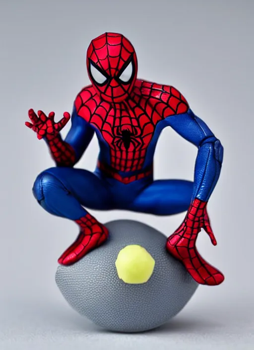 Image similar to 80mm resin detailed miniature spiderman, sitting on a football, pouting, Product Introduction Photos, 4K, Full body,