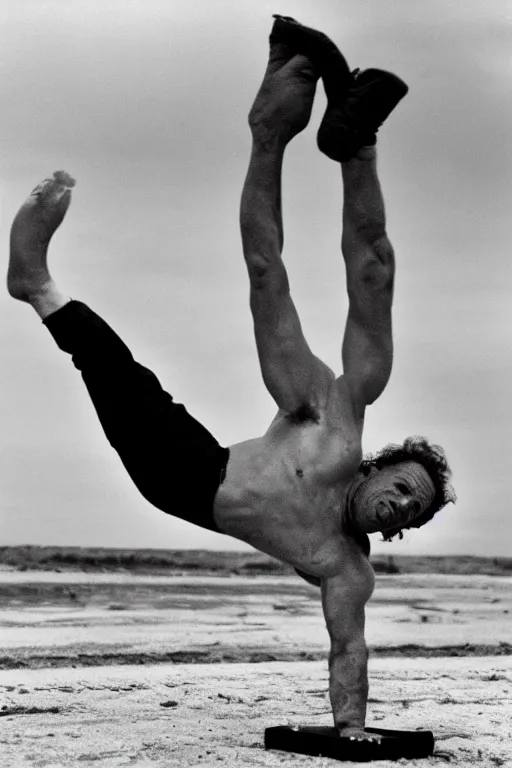 Image similar to paulie shore doing a handstand on the beaches of normandy on d - day