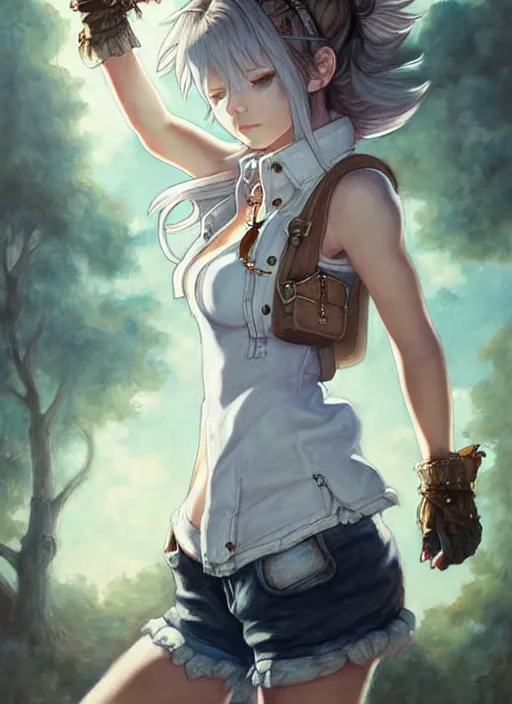 Prompt: a portrait of catgirl wearing white vest, and denim shorts an ultrafine detailed painting, detailed painting, boris valejo. octopath traveler