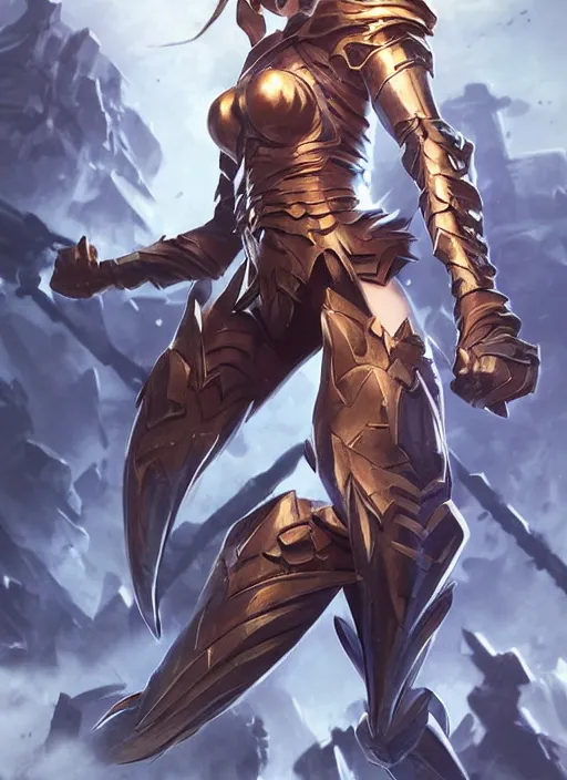 Image similar to poster!! beautiful new female character for league of legends, character concept art, action pose, illustration, full body armor, steel plating, huge weapon, super powers, athletic, symmetry, intricate design, shiny, highly detailed, hd, dramatic lighting, art by artgerm and greg rutkowski