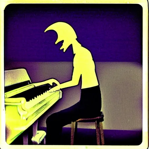 Prompt: mac tonight playing piano. hazy grainy borderless polaroid photo. vaporwave album cover titled