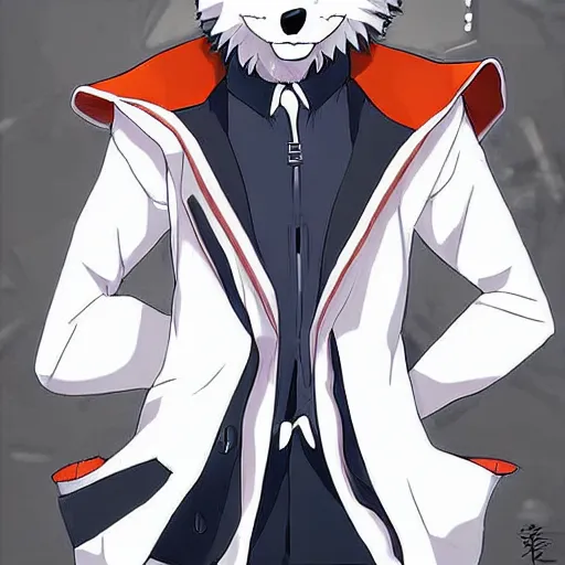 Image similar to key anime visual portrait of an anthropomorphic anthro wolf fursona, in a jacket, with handsome eyes, official modern anime art