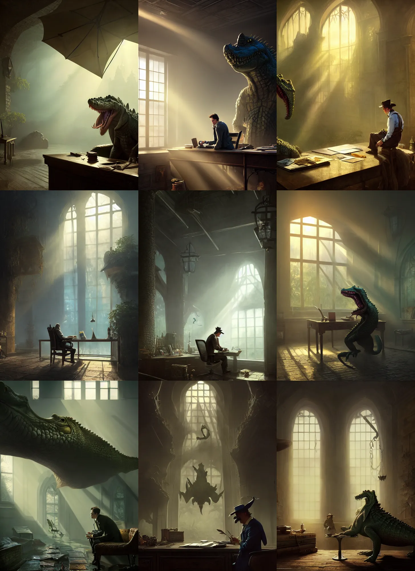 Prompt: Anthropomorphic crocodile detective sitting in his office, mist, sunrays, dust in the air, DnD character, unreal engine, octane render, dramatic lighting, pond, digital art, by Stanley Artgerm Lau, greg rutkowski, thomas kindkade, alphonse mucha, loish, norman Rockwell