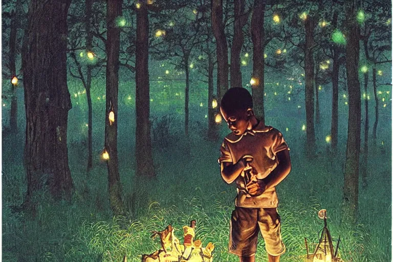 Image similar to a scenic view of a black boy in the middle of a magical forest with glow-worm lights near a lake, detailed, cinematic, dramatic scene, retro illustration by Norman Rockwell.