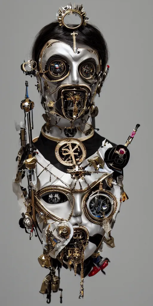 Image similar to a beautiful cyborg made of catholic symbols ceremonial maske