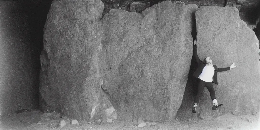 Prompt: creepy photo of dottore dancing around a stone monolith in a barn, 70mm film, old film, found film, scary, ominous, disturbing