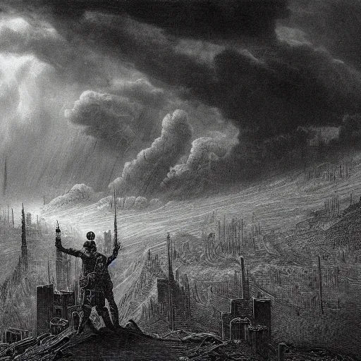 Prompt: apocalyptic landscape, soldier in gasmask, dark clouds, dark, eerie, dystopian, city, end times, illustration by Gustave Doré