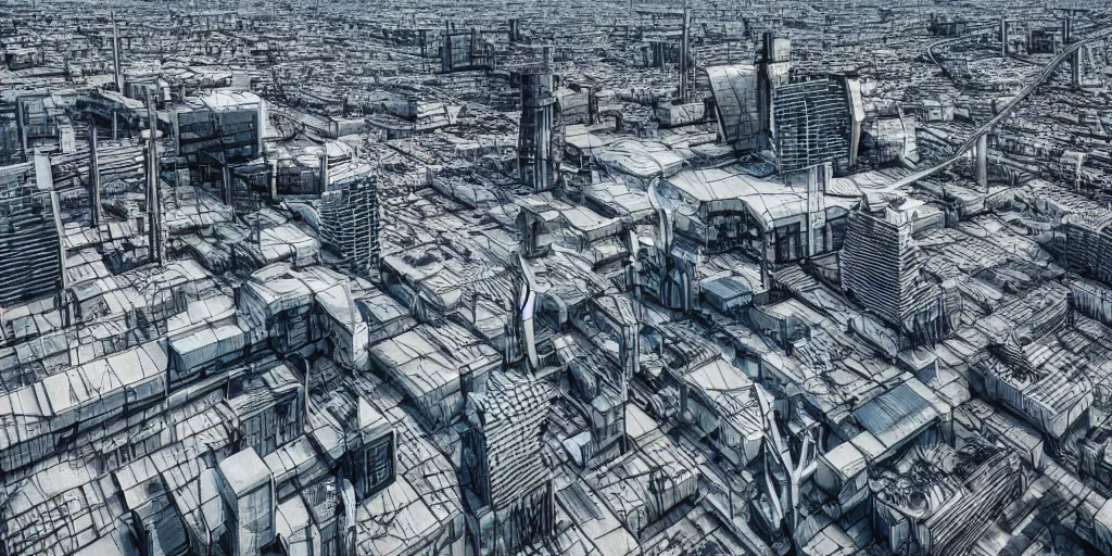 Image similar to drone view of a sci-fi Berlin with a large road through, Brutalist architecture,sharp focus,telephoto lens,3D digital art 4k