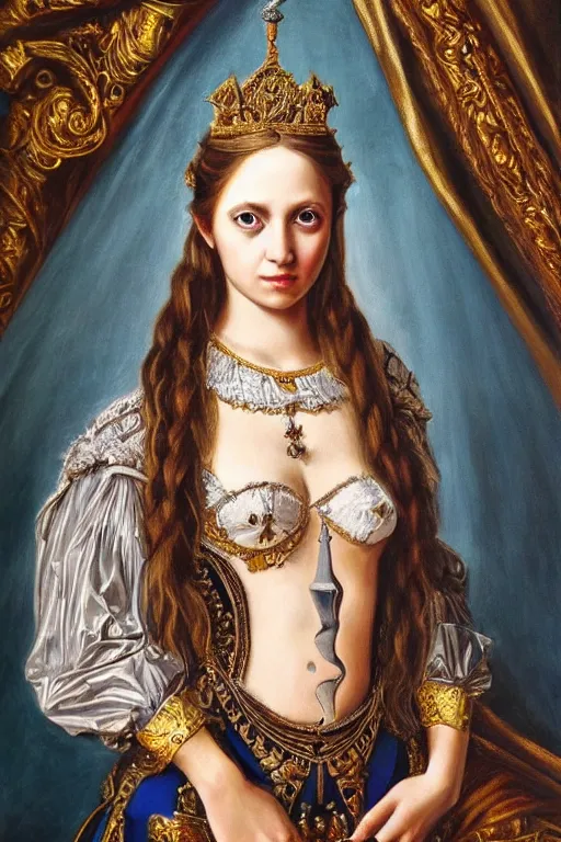 Image similar to hyper realistic painting portrait of the princess of swords, occult diagram, elaborate details, rococo, baroque, gothic, intrincate ornaments, gold decoration, caligraphy, occult art, illuminated manuscript, oil painting, art noveau