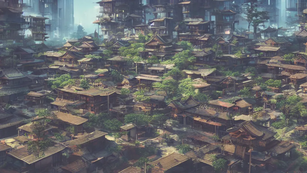 Image similar to small, oriental, japanese village with cyberpunk, techno - futuristic elements, designed in blender, octane render, fantasy, landscape, hyperrealistic, highly detailed, 4 k hd