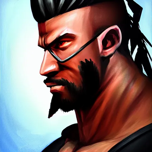 Prompt: portrait painting of Barret Wallace from FFVII as Overwatch character, medium shot, asymmetrical, profile picture, Organic Painting, sunny day, Matte Painting, bold shapes, hard edges, street art, trending on artstation
