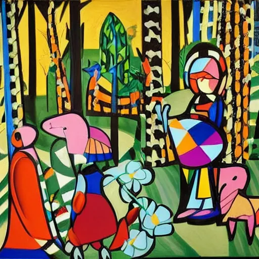 Image similar to In the painting Vasilisa can be seen standing in the forest, surrounded by animals. She is holding a basket of flowers in one hand and a spindle in the other. Her face is turned towards the viewer, with a gentle expression. In the background, the forest is depicted as a dark and mysterious place. constructivist by Romero Britto amorphous, lines