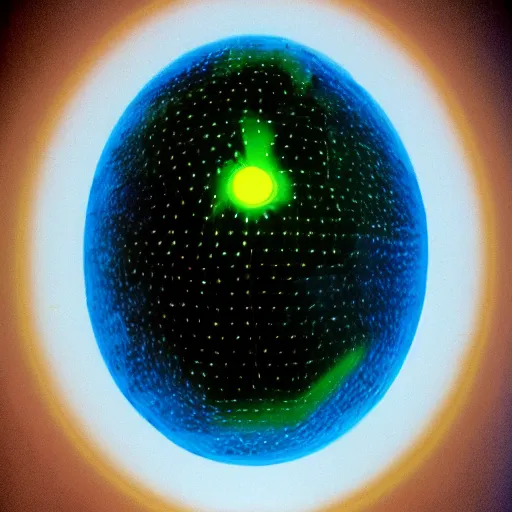 Image similar to annie liebowitz portrait of a plasma energy tron dinosaur egg in the shape of a random circular shapes, made up of glowing electric plates and patterns. cinestill