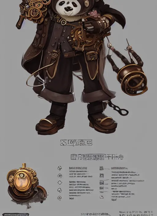 Image similar to a steampunk panda, character concept, character reference sheet. By Makoto Shinkai, Stanley Artgerm Lau, WLOP, Rossdraws, James Jean, Andrei Riabovitchev, Marc Simonetti, krenz cushart, Sakimichan, trending on ArtStation, digital art.