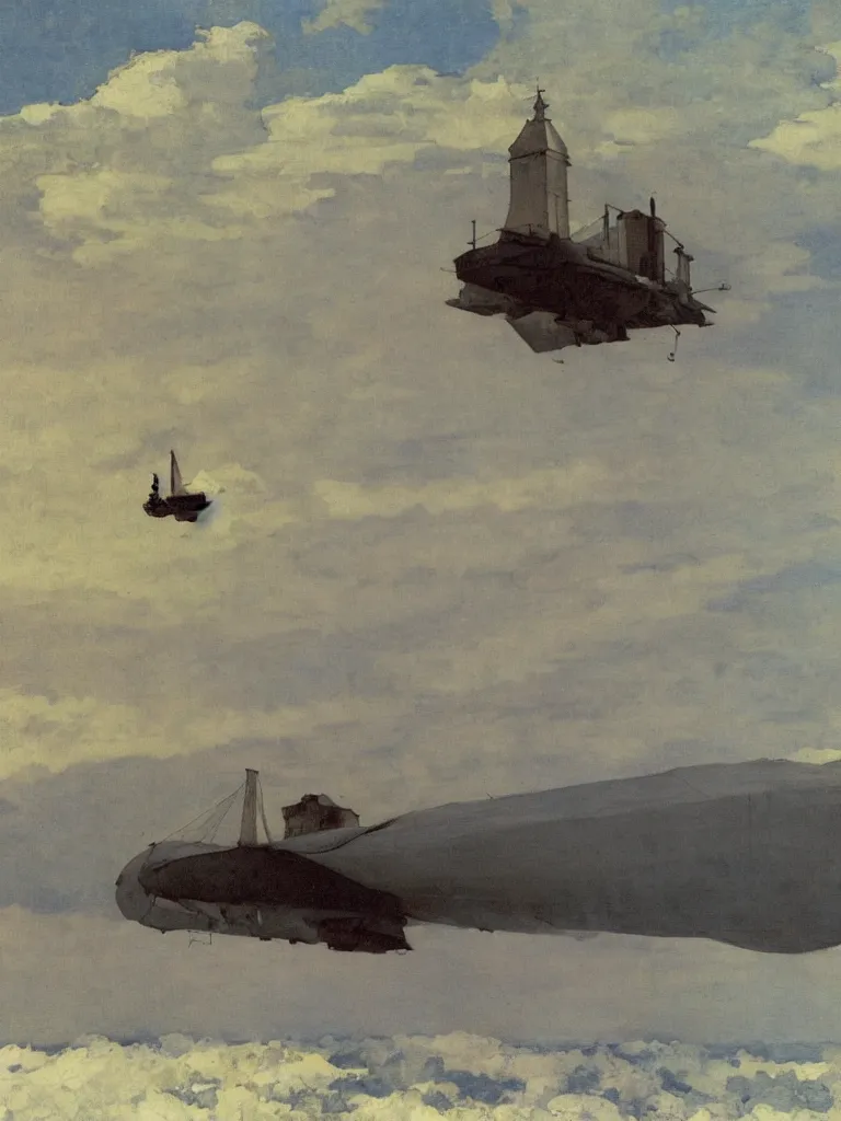 Image similar to a large dieselpunk airship standing over a white church in russia in 1 9 1 0, by winslow homer and levitan, oil on canvas painting