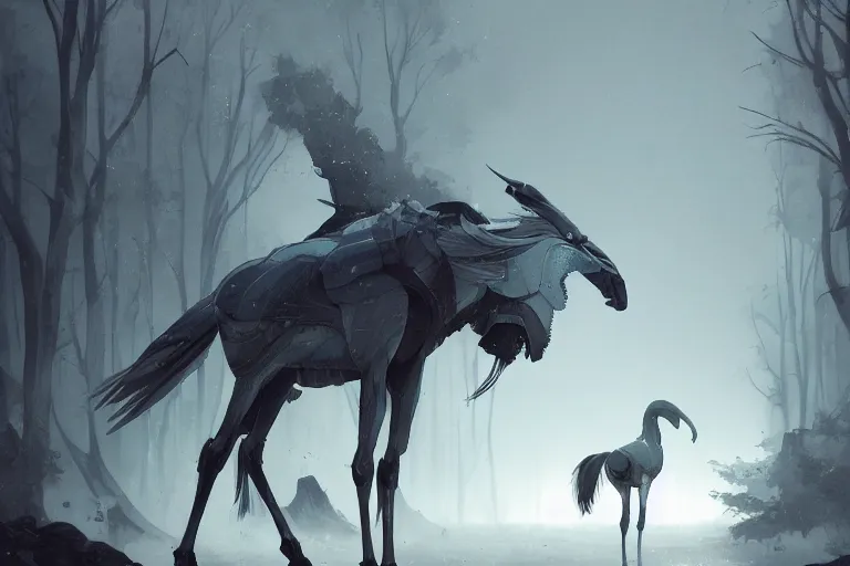 Image similar to cyborg horse merged with shoebill, digital art made by makoto shinkai, lois van baarle, greg rutkowski and jakub rebelka, highly detailed, symmetrical, extremely coherent, smooth, shaped focus, dystopian gray forest background, skull