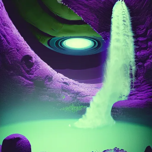 Prompt: Digital art of Purple elephant falls from a green waterfall into a supermassive black hole in outerspace, photorealism, by Beeple