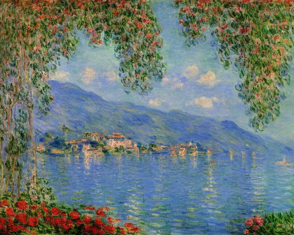 Image similar to beautiful landscape painting of Lake Como featuring a colorful shoreside villa by Monet.