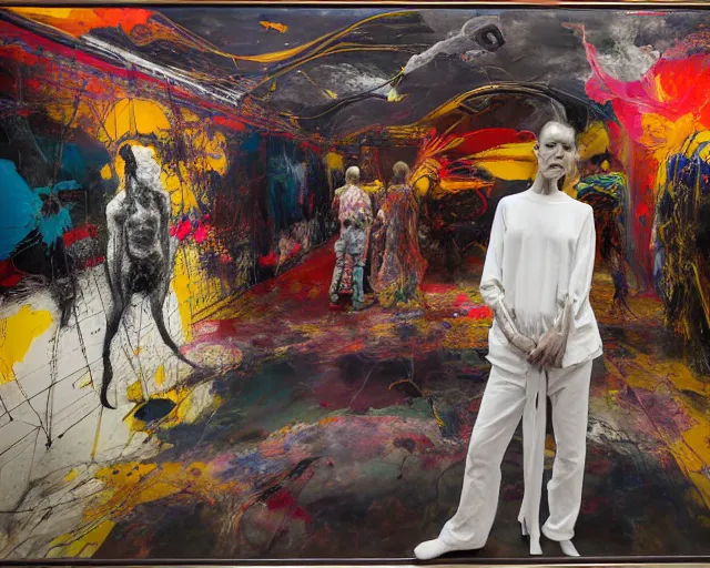 Prompt: otherworldly being standing in gallery of art, a brutalist designed, rich deep vivid colours, broad brush strokes!, painted by francis bacon, michal mraz, adrian ghenie, nicola samori, james jean!!! and petra cortright, part by gerhard richter, part by takato yamamoto. 8 k masterpiece.