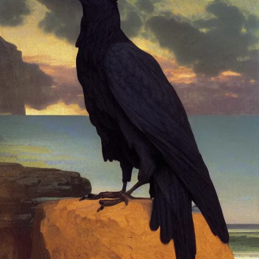 Image similar to a beautifully highly detailed close up portrait of a raven under a rock arch, coves crashing waves plants, beautiful serene sunset, detailed organic textures, by frederic leighton and rosetti and turner and eugene von guerard, 4 k