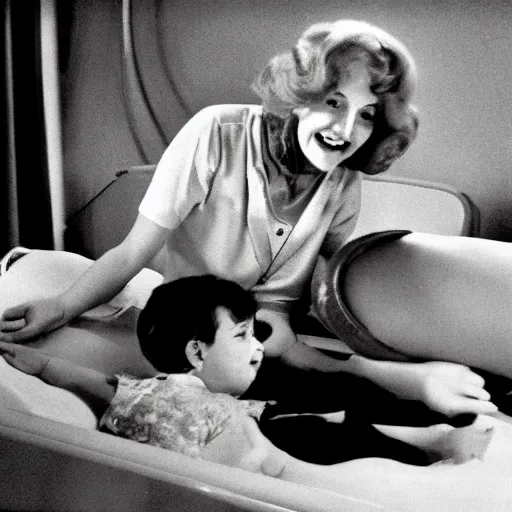 Image similar to happy woman who has given birth to a squishy inflatable toy, in hospital bed, 1974 color Fellini film, archival footage, technicolor film, 16mm, wacky children's tv with anthropomorphic animal