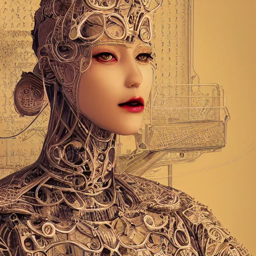 Prompt: the portrait of an absurdly graceful, sophisticated, fashionable ottomanpunk robotess idol, an ultrafine hyperdetailed illustration by kim jisu, intricate linework, neon wiring, porcelain skin, unreal engine 5 highly rendered, global illumination, radiant light, detailed and intricate environment