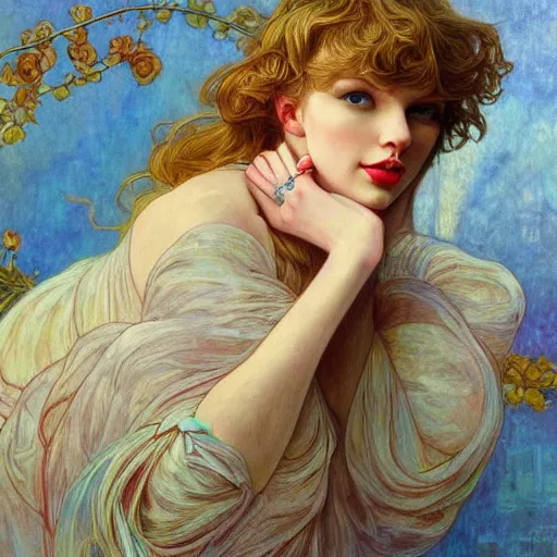 Image similar to romantic painted portrait of taylor swift by james jean, mucha, masterpiece