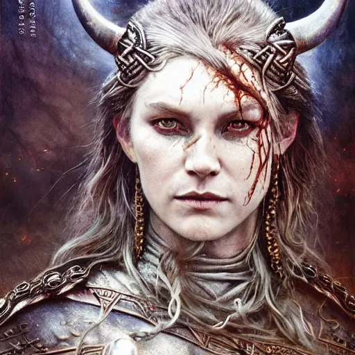 Prompt: Official photo of a majestic fierce viking woman, leader, ethereal, fear, scarred, highly detailed, viking attire, cinematic, 16k, 1080s, by Stanley Artgermm, Tom Bagshaw, Greg Rutkowski, Vincent di Fate, Carne Griffiths, Ayami Kojima, WLOP, trending on DeviantArt, hyper detailed, full of color, digital art,