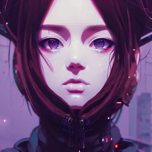 Image similar to by kyoto animation, cool girl wearing cyberpunk intricate streetwear, beautiful, detailed symmetrical close up portrait, intricate complexity, in the style of artgerm and ilya kuvshinov, cell shaded, 4 k, concept art, by wlop, krenz cushart, greg rutkowski, pixiv. cinematic dramatic atmosphere, cinematic lighting, studio quality