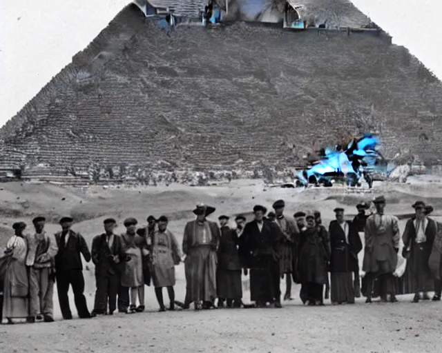 Image similar to a photo from the early 1900s of people standing in front of a UFO, behind them are the Pyramids at Giza