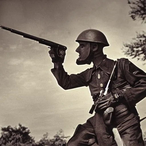 Image similar to Barney the dinosaur holding a rifle during world war 2, realistic, 35mm photograph