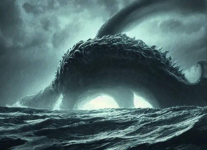 Image similar to wild ocean storm at night, a giant kraken emerging from water, dramatic lighting, cinematic, establishing shot, extremly high detail, foto realistic, cinematic lighting, post processed, concept art, artstation, matte painting, style by eddie mendoza, raphael lacoste, alex ross