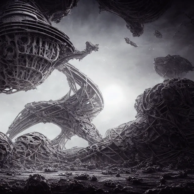 Image similar to ribbed abandoned biomechanical organic crashed spaceship on exoplanet in a desolate empty wasteland, covered with organic white flesh, white meat, creepy, nightmare, dream-like heavy atmosphere, surreal abandoned buildings, baroque painting, beautiful detailed intricate insanely detailed octane render trending on Artstation, 8K artistic photography, photorealistic, chiaroscuro, cinematic volumetric light, Raphael, Caravaggio, Beksinski, Giger