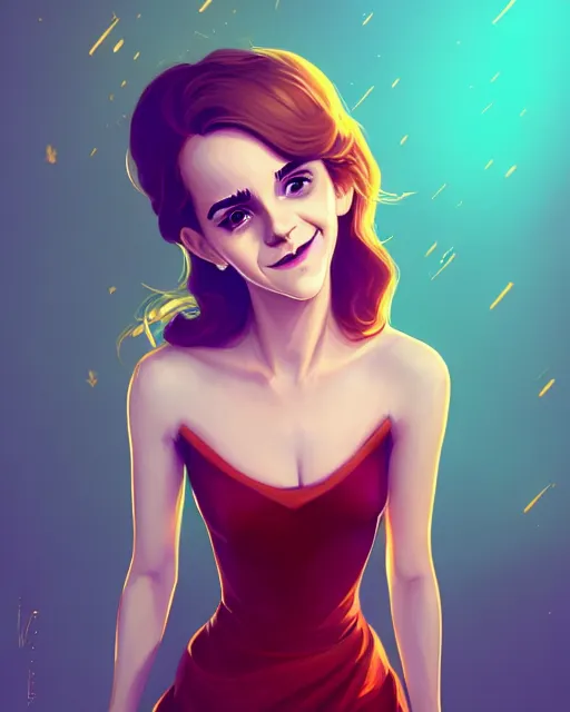 Image similar to a portrait of a beautiful full body Emma Watson smiling, pretty gold and red dress, art by lois van baarle and loish and ross tran and rossdraws and sam yang and samdoesarts and artgerm, digital art, highly detailed, intricate, sharp focus, Trending on Artstation HQ, deviantart, unreal engine 5, 4K UHD image