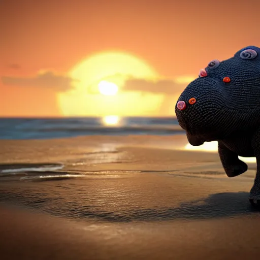 Image similar to a closeup photorealistic photograph of a cute smiling knitted tiger hippopotamus chasing a beachball during sunset. open mouth, surf in the background. professional capture. this 4 k hd image is trending on artstation, featured on behance, well - rendered, extra crisp, features intricate detail, epic composition and the style of unreal engine.