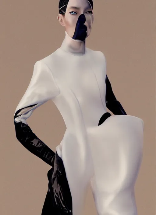 Prompt: a portrait by nick knight and gege akutami of a beautiful girl detailed features wearing a pilot suit wedding dress synthetic materials, jumpsuits chic'techno fashion trend by balenciaga