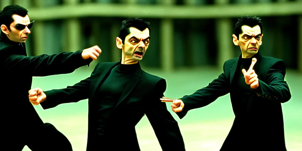 Prompt: hyper realistic, production still of neo ( ( mr. bean ) ) in the movie, the matrix ( 1 9 9 9 ), in an action fight sequence, 4 k, highly detailed, anamorphic