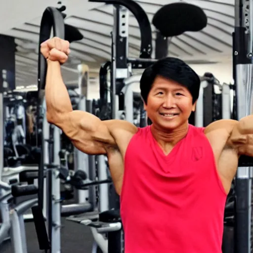 Image similar to A very muscular BongBong Marcos flexing in the gym