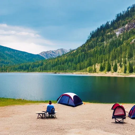 Prompt: people camping on a lake