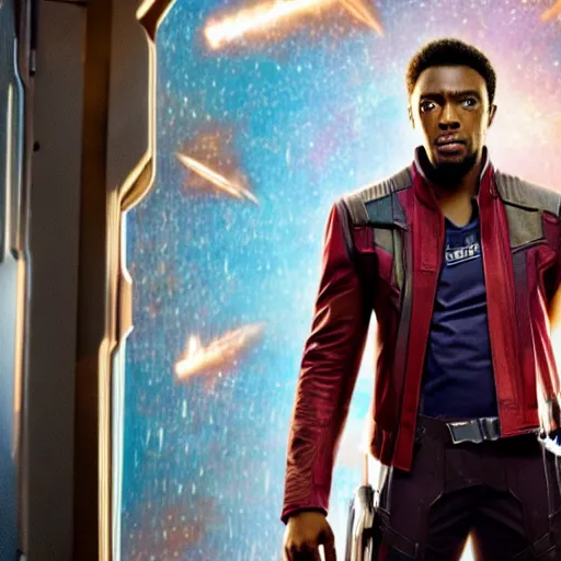 Image similar to film still of Chadwick Boseman as Star Lord in Guardians of the Galaxy