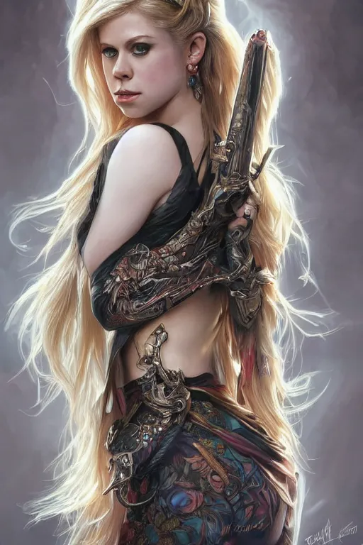 Image similar to portrait of avril lavigne, 2 5 years old, upper body, d & d, fantasy, intricate, elegant, highly detailed, digital painting, artstation, concept art, smooth, sharp focus, illustration, art by artgerm and greg rutkowski and alphonse mucha