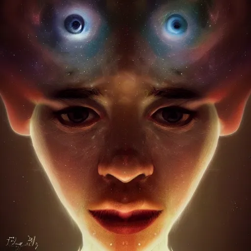 Prompt: The face of the Designer of the Universe, portrait, beautiful digital art, artstation, deviantart, intricate, mysterious, mix of light and darkness, soft