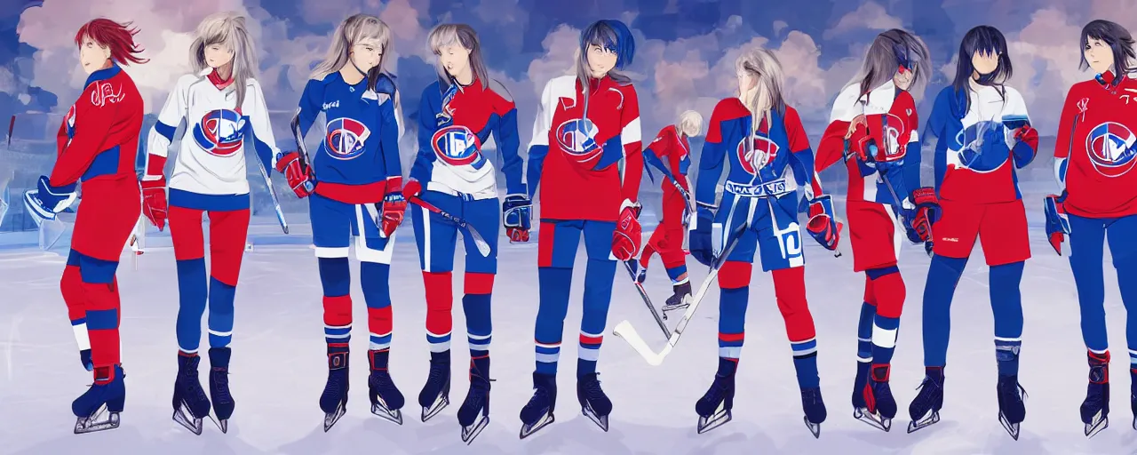 Prompt: females akira anime ice hockey players, wearing a light futuristic suit, habs and nordiques jerseys, blue white and red color blocking, character concept exploration, outfit designs, trending on artstation, photorealistic, 8k, background of vast ice rink tv crews and crazy crowd