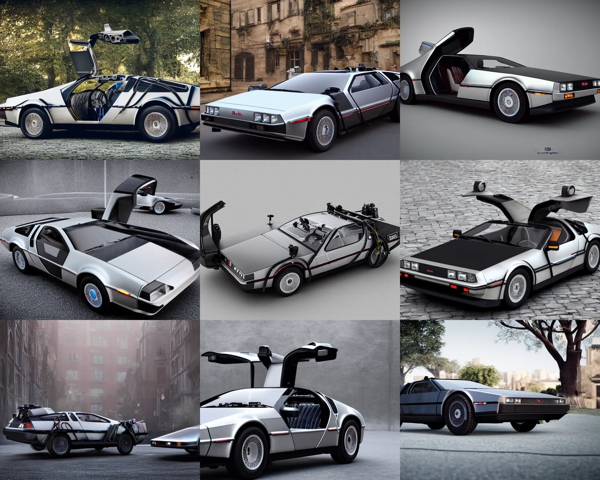 Prompt: a single delorean and bugatti type 5 7 hybrid, dslr, cinematic, photorealistic, hyperdetailed