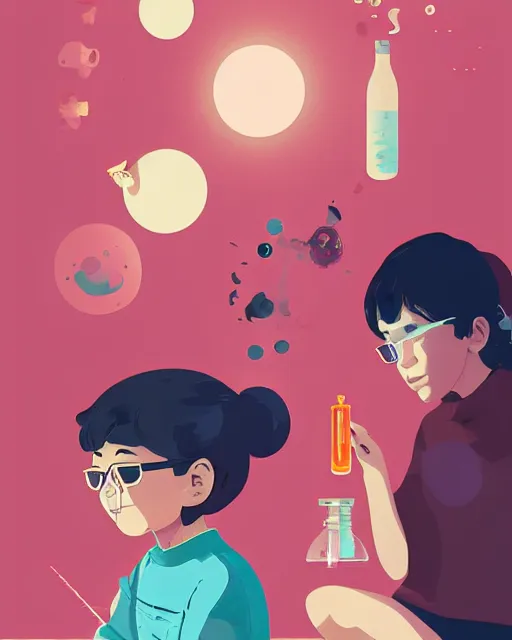 Image similar to a little girl is doing a science experiment. clean cel shaded vector art. minimalist illustration art by lois van baarle, artgerm, helen huang, petros afshar, sachin teng by makoto shinkai and ilya kuvshinov, rossdraws