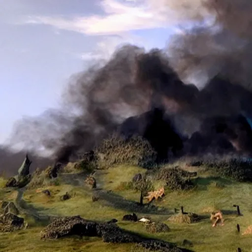 Image similar to a dragon made of black smoke flying over Hobbits