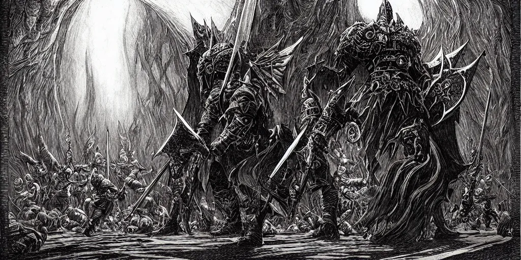 Prompt: dark souls dramatic boss encounter, pen-and-ink illustration by Franklin Booth, fish eye lens